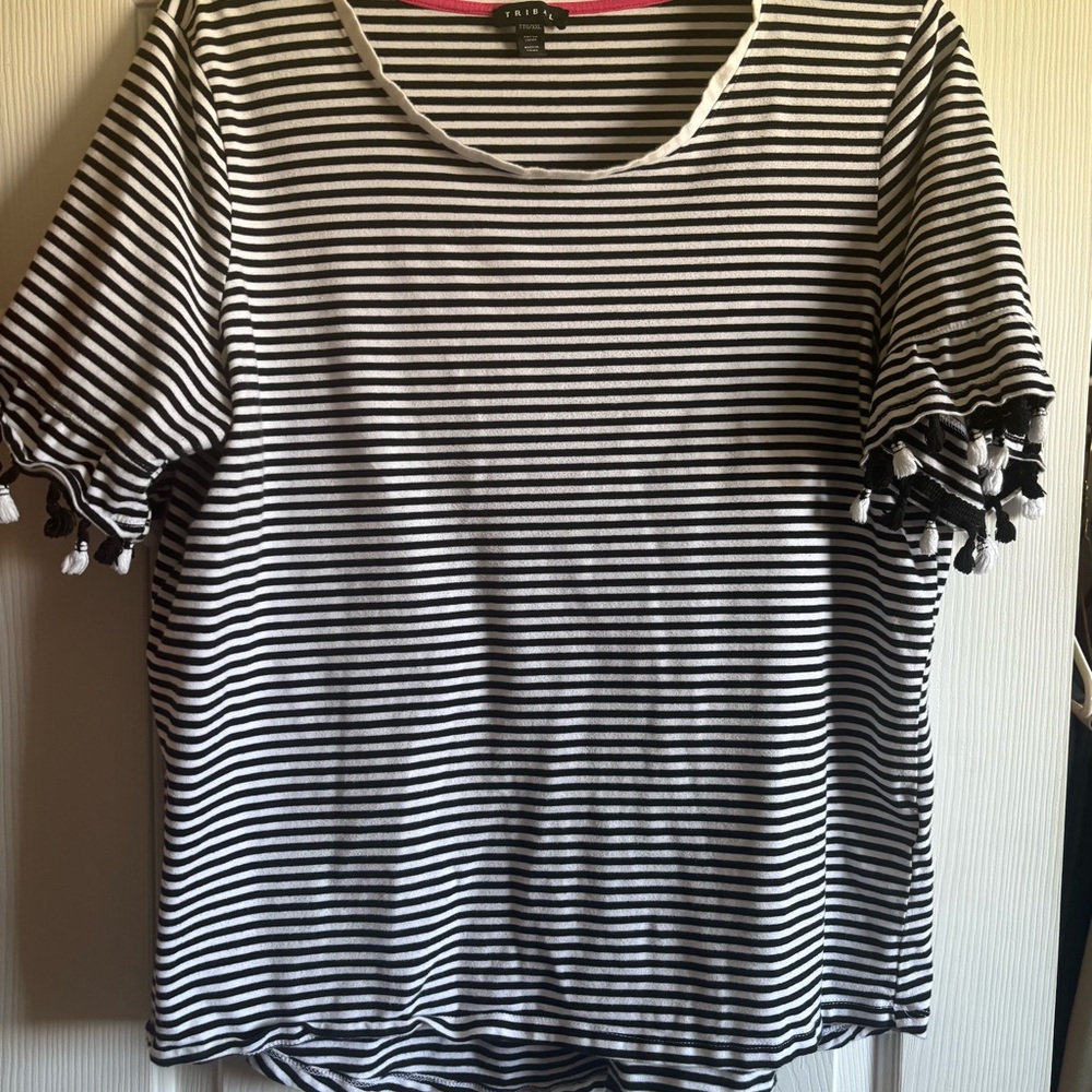 Black and White Striped Top with Tassels